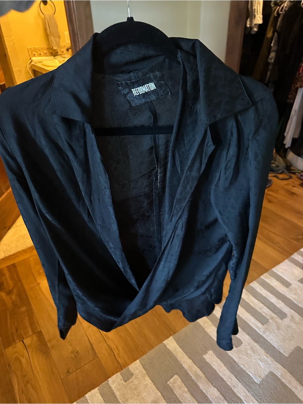 Reformation Silk Wrap Black Draped Satin Blouse